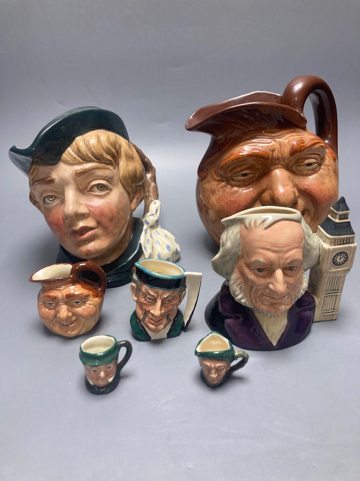 Royal Doulton John Barleycorn large and small character jugs, two Royal Doulton Pickwick and Old Mac tiny character jugs, Royal Doulton